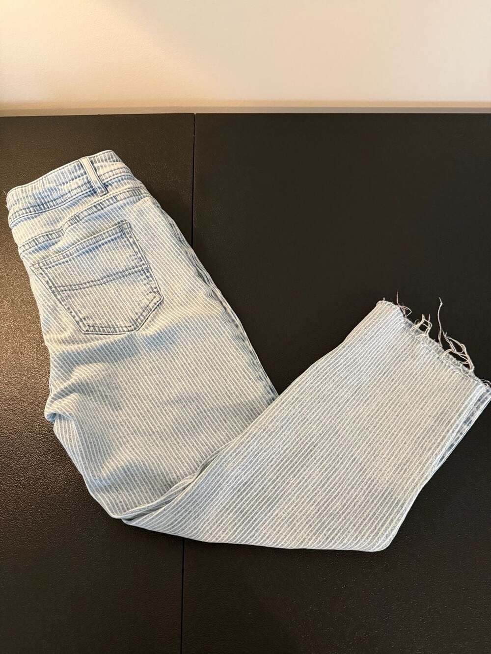 Frank Lyman Pinstripe Jeans Size S Raw Hem Blue White